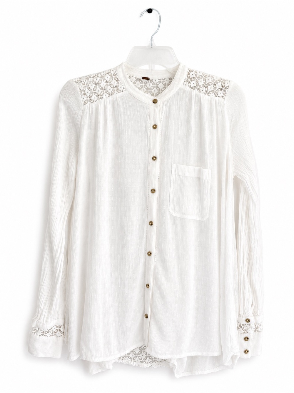 Free People “The Best Shirt” Gauze Blouse With Crochet Inset